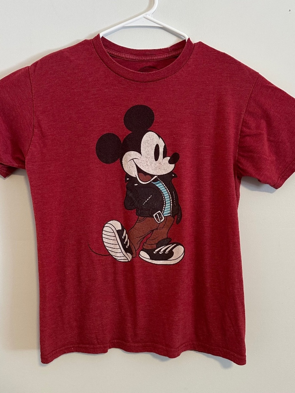 Mickey Mouse Punk Rock Biker Graphic Print T-Shirt Medium Red Y2K Short Sleeve